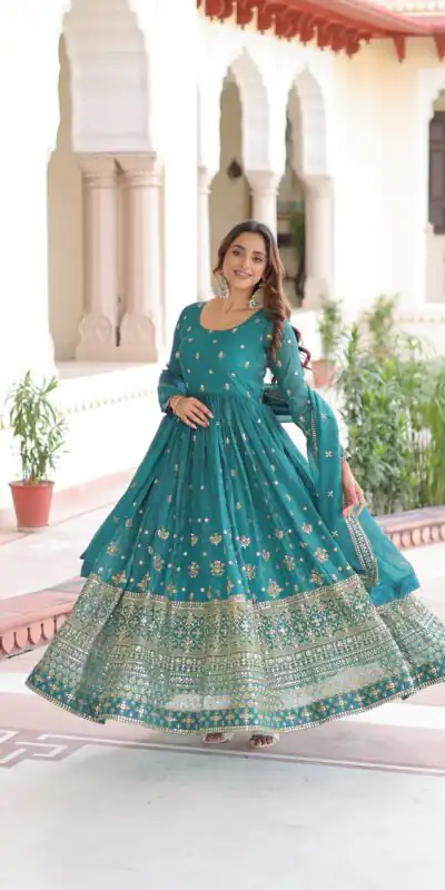Firozi Silver Crunchy Embroidery Work Gown | Gowns, Bollywood Gowns, Creative Gowns, Designer Gowns, Embroidered Gowns, Party Wear Gowns