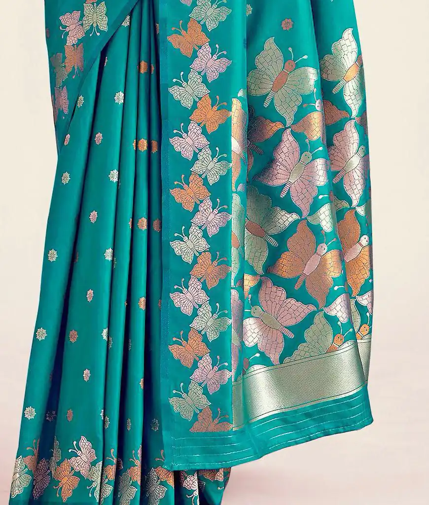 Firozi Soft Lichi Silk Border Lace Work Saree | Sarees, Bollywood Sarees, Creative Sarees, Designer Sarees, Embroidered Sarees, Ethnic Saree, Modern Digital sarees, Party Wear Sarees