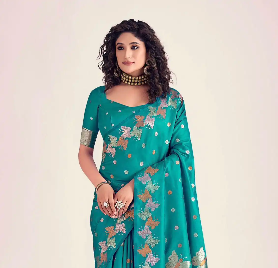 Firozi Soft Lichi Silk Border Lace Work Saree | Sarees, Bollywood Sarees, Creative Sarees, Designer Sarees, Embroidered Sarees, Ethnic Saree, Modern Digital sarees, Party Wear Sarees