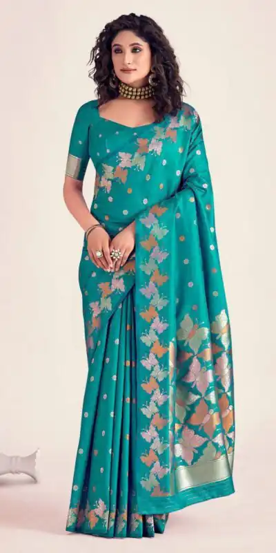 Firozi Soft Lichi Silk Border Lace Work Saree | Sarees, Bollywood Sarees, Creative Sarees, Designer Sarees, Embroidered Sarees, Ethnic Saree, Modern Digital sarees, Party Wear Sarees