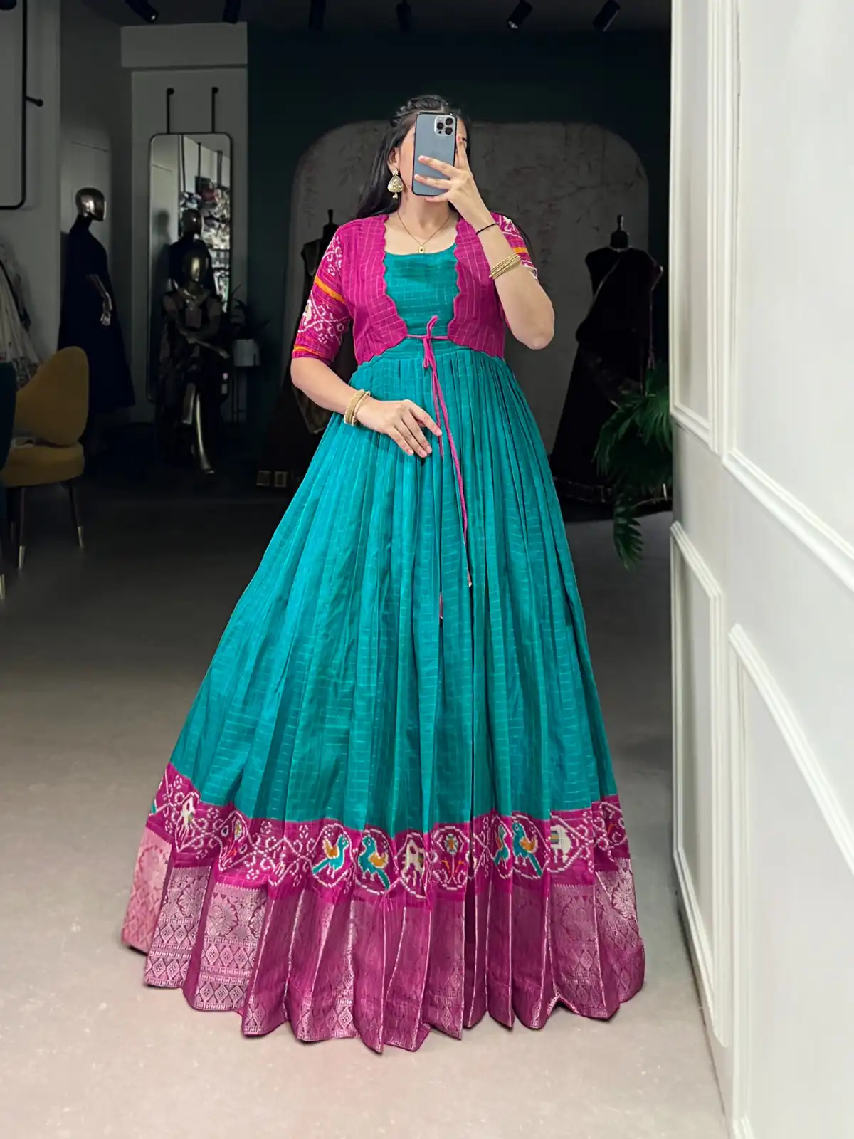 Firozi Tasar Chex Patola Print Gown | Gowns, Bollywood Gowns, Creative Gowns, Designer Gowns, Embroidered Gowns, Party Wear Gowns