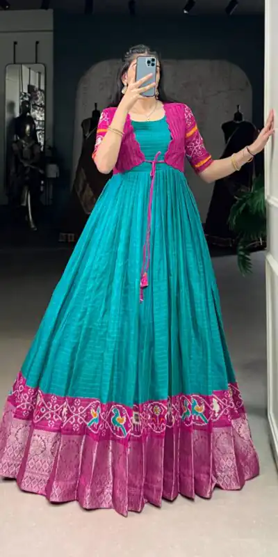 Firozi Tasar Chex Patola Print Gown | Gowns, Bollywood Gowns, Creative Gowns, Designer Gowns, Embroidered Gowns, Party Wear Gowns