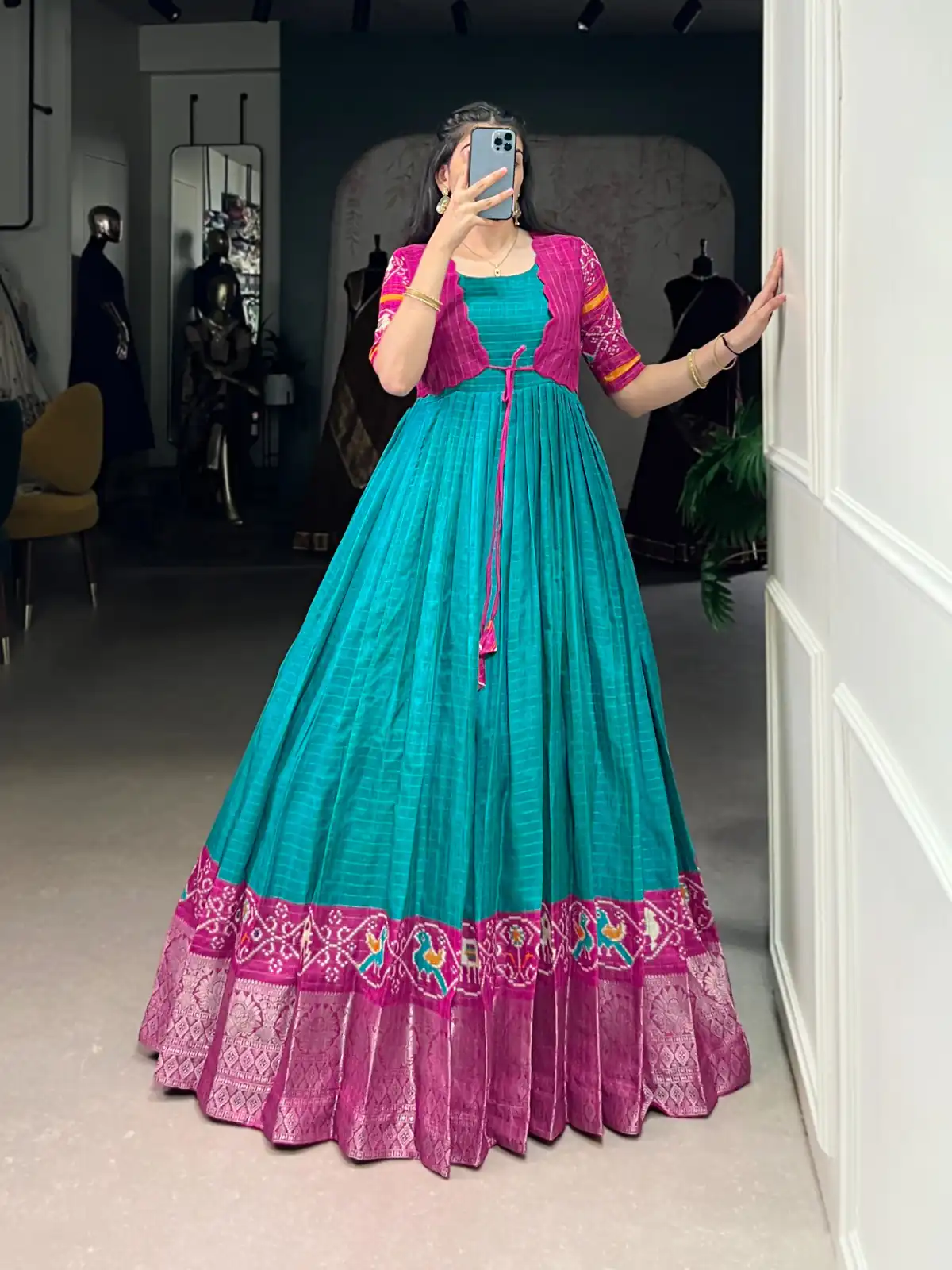 Firozi Tasar Chex Patola Print Gown | Gowns, Bollywood Gowns, Creative Gowns, Designer Gowns, Embroidered Gowns, Party Wear Gowns