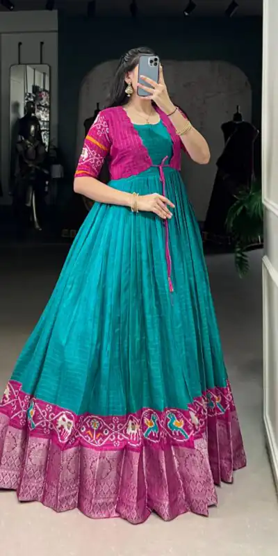 Firozi Tasar Chex Patola Print Gown | Gowns, Bollywood Gowns, Creative Gowns, Designer Gowns, Embroidered Gowns, Party Wear Gowns
