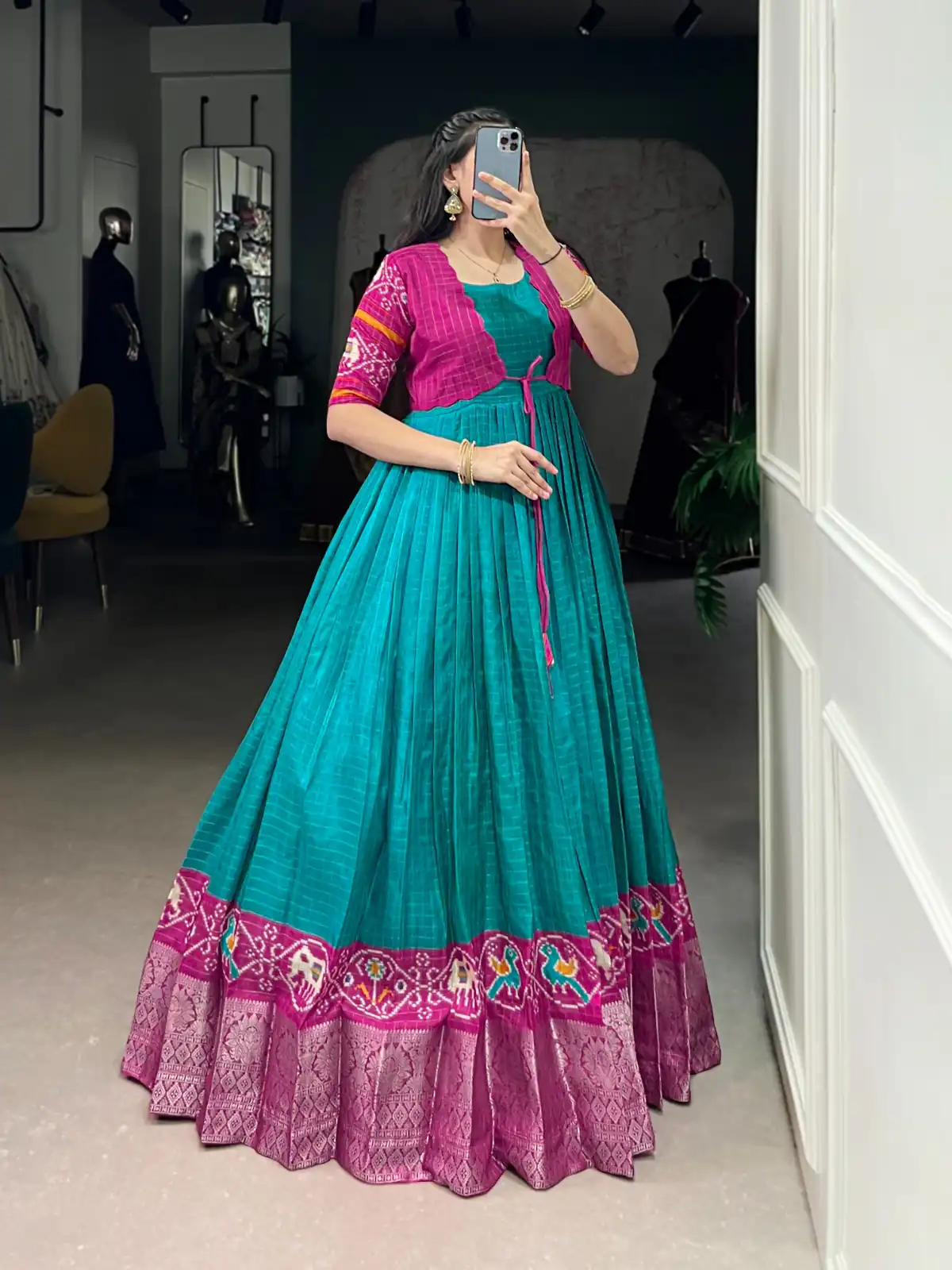 Firozi Tasar Chex Patola Print Gown | Gowns, Bollywood Gowns, Creative Gowns, Designer Gowns, Embroidered Gowns, Party Wear Gowns