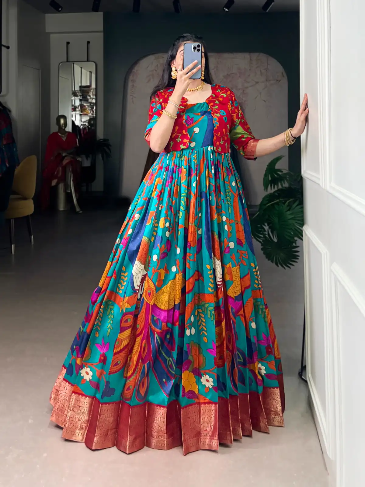 Firozi Taser Silk Zari Work Kalamkari Print Gown | Gowns, Bollywood Gowns, Creative Gowns, Designer Gowns, Embroidered Gowns, Party Wear Gowns