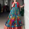 Firozi Taser Silk Zari Work Kalamkari Print Gown | Gowns, Bollywood Gowns, Creative Gowns, Designer Gowns, Embroidered Gowns, Party Wear Gowns