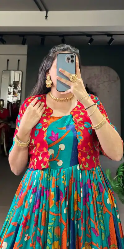 Firozi Taser Silk Zari Work Kalamkari Print Gown | Gowns, Bollywood Gowns, Creative Gowns, Designer Gowns, Embroidered Gowns, Party Wear Gowns