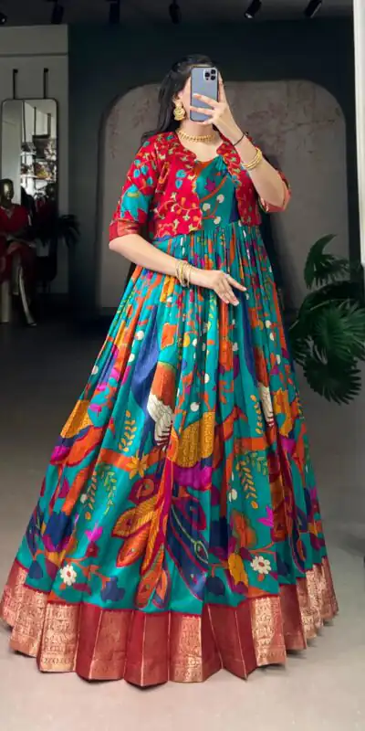 Firozi Taser Silk Zari Work Kalamkari Print Gown | Gowns, Bollywood Gowns, Creative Gowns, Designer Gowns, Embroidered Gowns, Party Wear Gowns