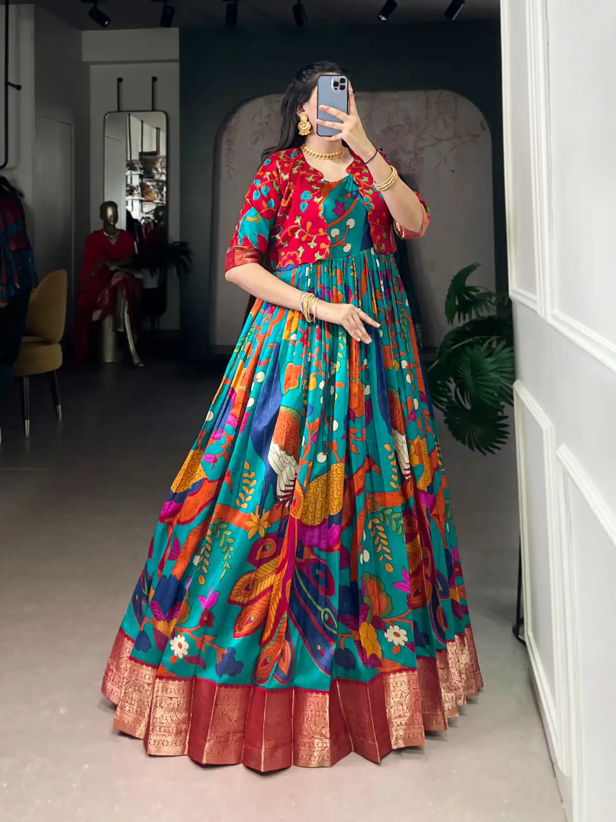 Firozi Taser Silk Zari Work Kalamkari Print Gown | Gowns, Bollywood Gowns, Creative Gowns, Designer Gowns, Embroidered Gowns, Party Wear Gowns