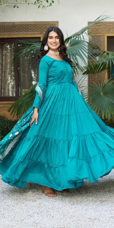 Firozi Vichitra Silk Embroidery Work Gown | Jump Suits, Salwar suit, Casual Suits, Creative suits, Designer Suits, Palazzo Suits, Party Wear Suits, Patiala Suits, Straight Suits