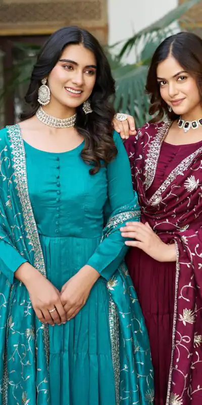 Firozi Vichitra Silk Embroidery Work Gown | Jump Suits, Salwar suit, Casual Suits, Creative suits, Designer Suits, Palazzo Suits, Party Wear Suits, Patiala Suits, Straight Suits