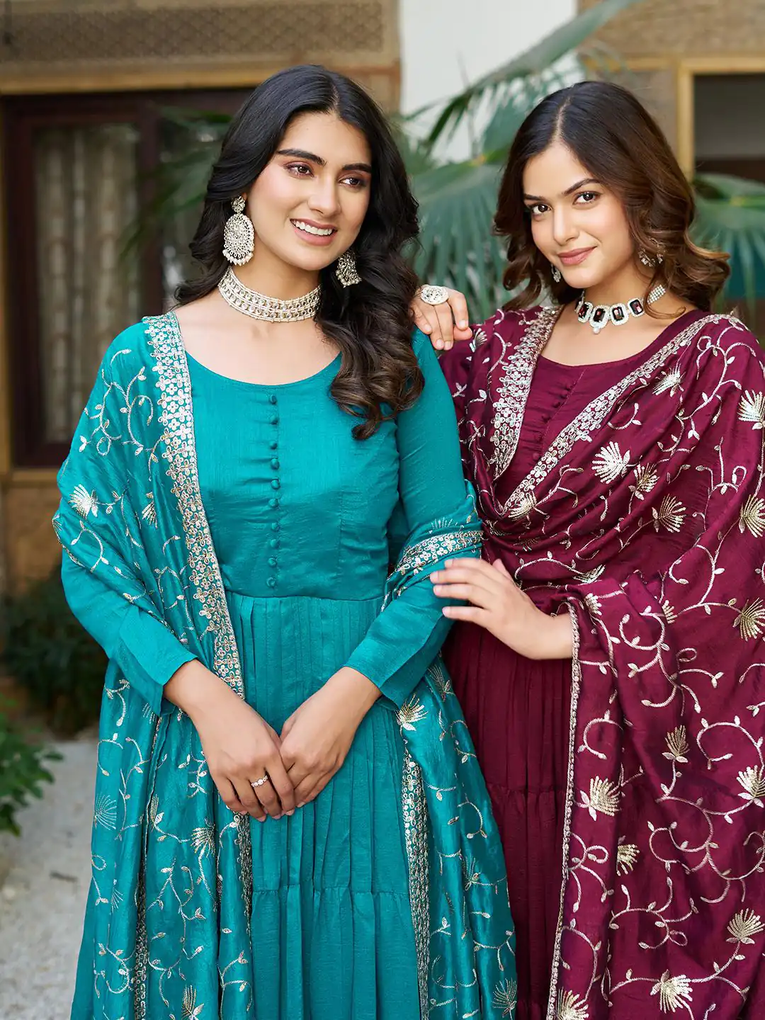 Firozi Vichitra Silk Embroidery Work Gown | Jump Suits, Salwar suit, Casual Suits, Creative suits, Designer Suits, Palazzo Suits, Party Wear Suits, Patiala Suits, Straight Suits