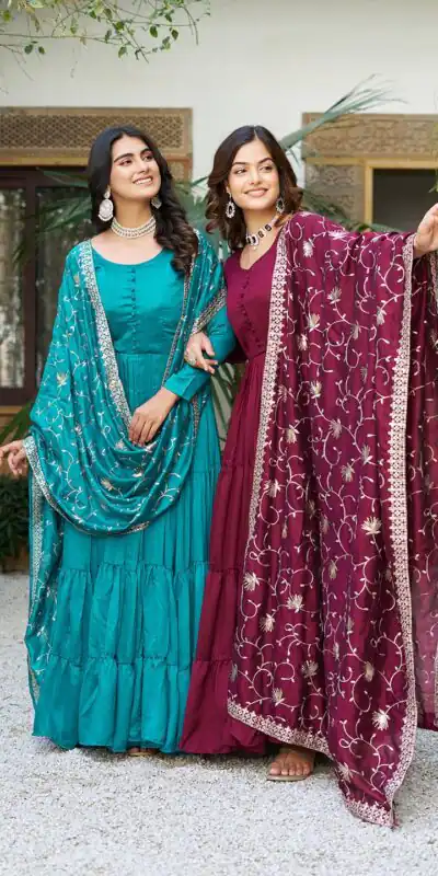 Firozi Vichitra Silk Embroidery Work Gown | Jump Suits, Salwar suit, Casual Suits, Creative suits, Designer Suits, Palazzo Suits, Party Wear Suits, Patiala Suits, Straight Suits