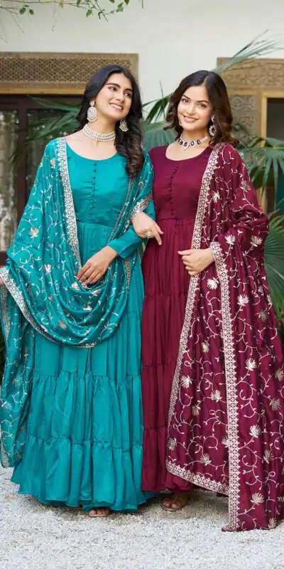 Firozi Vichitra Silk Embroidery Work Gown | Jump Suits, Salwar suit, Casual Suits, Creative suits, Designer Suits, Palazzo Suits, Party Wear Suits, Patiala Suits, Straight Suits