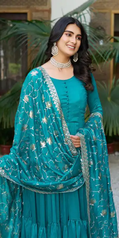 Firozi Vichitra Silk Embroidery Work Gown | Jump Suits, Salwar suit, Casual Suits, Creative suits, Designer Suits, Palazzo Suits, Party Wear Suits, Patiala Suits, Straight Suits