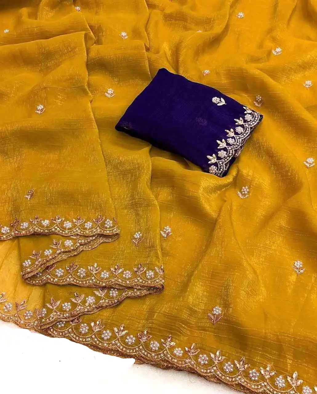 Gold Crunchy Chiffon Embroidery Work Saree | Sarees, Bollywood Sarees, Creative Sarees, Designer Sarees, Embroidered Sarees, Ethnic Saree, Modern Digital sarees, Party Wear Sarees
