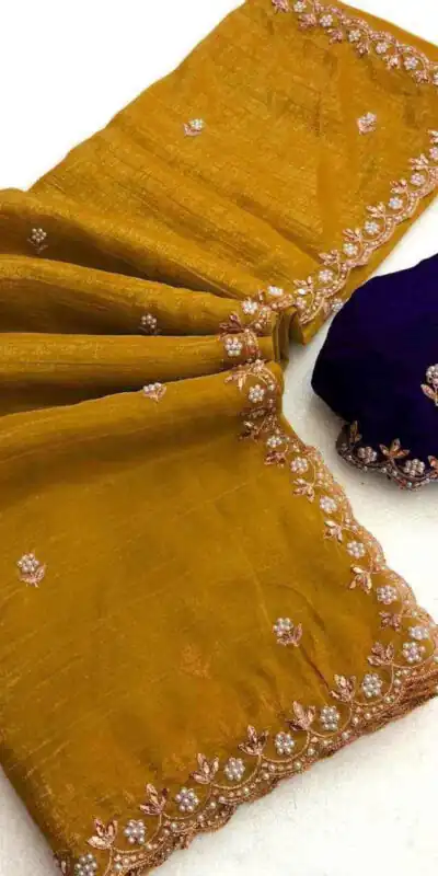 Gold Crunchy Chiffon Embroidery Work Saree | Sarees, Bollywood Sarees, Creative Sarees, Designer Sarees, Embroidered Sarees, Ethnic Saree, Modern Digital sarees, Party Wear Sarees