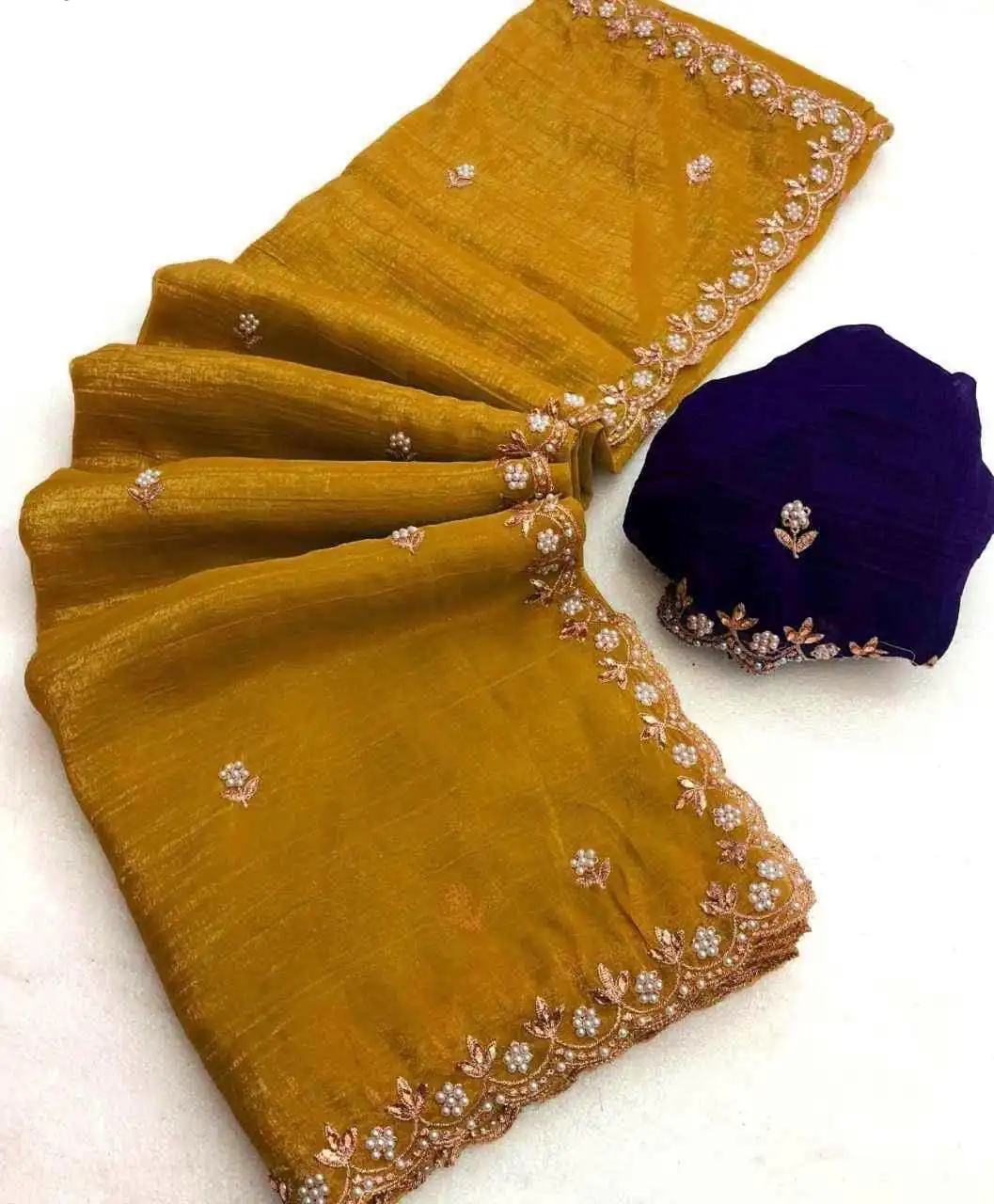 Gold Crunchy Chiffon Embroidery Work Saree | Sarees, Bollywood Sarees, Creative Sarees, Designer Sarees, Embroidered Sarees, Ethnic Saree, Modern Digital sarees, Party Wear Sarees