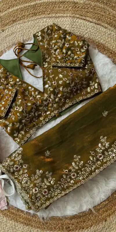 Gold Fandy Chiffon Embroidery Work Saree | Sarees, Bollywood Sarees, Creative Sarees, Designer Sarees, Embroidered Sarees, Ethnic Saree, Modern Digital sarees, Party Wear Sarees