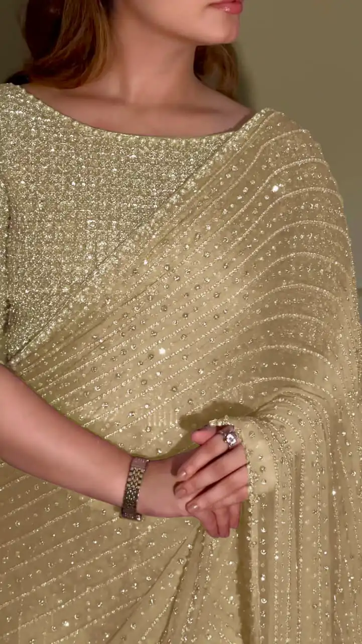 Gold Georgette Embroidery Saree | Sarees, Bollywood Sarees, Creative Sarees, Designer Sarees, Embroidered Sarees, Ethnic Saree, Modern Digital sarees, Party Wear Sarees