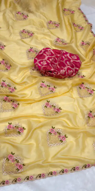 Gold Paper Silk Crush With Embroider Saree | Sarees, Bollywood Sarees, Creative Sarees, Designer Sarees, Embroidered Sarees, Ethnic Saree, Modern Digital sarees, Party Wear Sarees