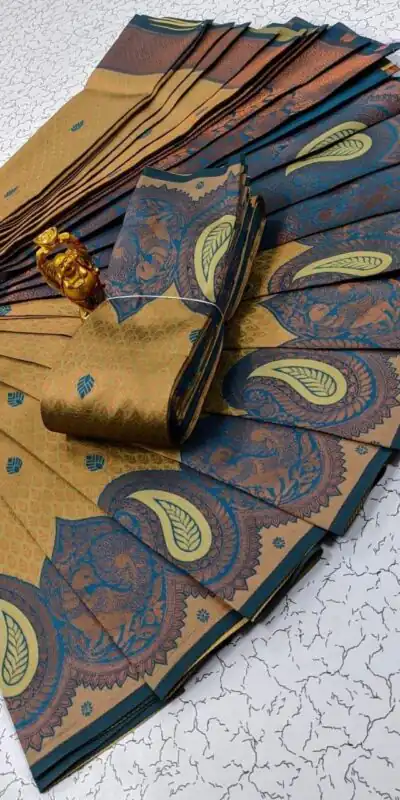 Gold Soft Litchi Silk Contrast Border Weaving Design Saree | Sarees, Bollywood Sarees, Creative Sarees, Designer Sarees, Embroidered Sarees, Ethnic Saree, Modern Digital sarees, Party Wear Sarees