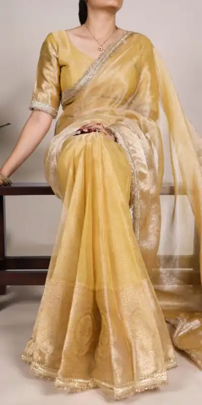 Gold Tissue Shimmer Zari Weaving Work Saree | Sarees, Bollywood Sarees, Creative Sarees, Designer Sarees, Embroidered Sarees, Ethnic Saree, Modern Digital sarees, Party Wear Sarees