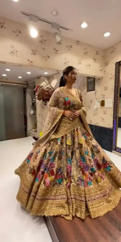 Golden Georgette Embroidered Sequins Lehenga Choli | Lehenga, Bollywood Lehenga, Creative Lehenga, Designer Lehenga, Embroidered Lehenga, Party Wear Lehenga