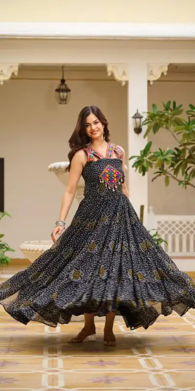 Ram 108 Black Color Georgette Bandhni Print Gown with Mirror Work. Best Price βΉ2049. Delivery 4-6 Working Days. Shop now. | Gowns, Bollywood Gowns, Creative Gowns, Designer Gowns, Embroidered Gowns, Party Wear Gowns