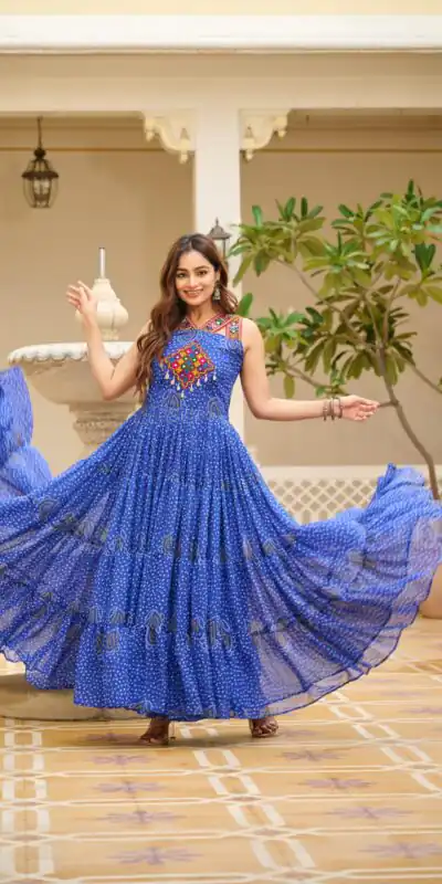 Ram 108 Blue Color Georgette Bandhni Print Gown with Mirror Work. Best Price βΉ2049. Delivery 4-6 Working Days. Online Shop now. | Gowns, Bollywood Gowns, Creative Gowns, Designer Gowns, Embroidered Gowns, Party Wear Gowns