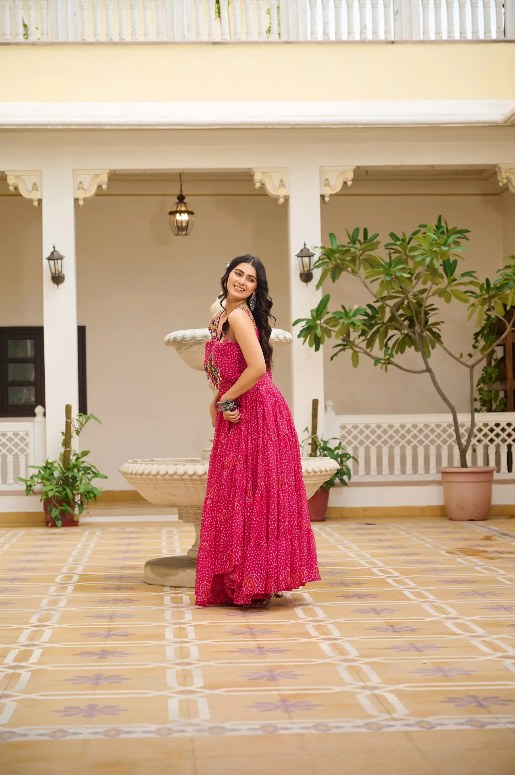 Ram 108 Pink Color Georgette Bandhni Print Gown with Mirror Work. Best Price ₹2049. Delivery 4-6 Working Days. Online Shop now. | Gowns, Bollywood Gowns, Creative Gowns, Designer Gowns, Embroidered Gowns, Party Wear Gowns
