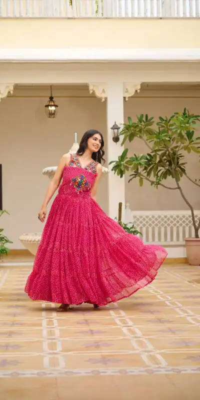 Ram 108 Pink Color Georgette Bandhni Print Gown with Mirror Work. Best Price ₹2049. Delivery 4-6 Working Days. Online Shop now. | Gowns, Bollywood Gowns, Creative Gowns, Designer Gowns, Embroidered Gowns, Party Wear Gowns