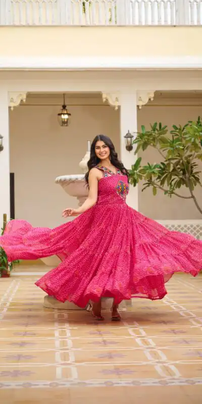 Ram 108 Pink Color Georgette Bandhni Print Gown with Mirror Work. Best Price βΉ2049. Delivery 4-6 Working Days. Online Shop now. | Gowns, Bollywood Gowns, Creative Gowns, Designer Gowns, Embroidered Gowns, Party Wear Gowns