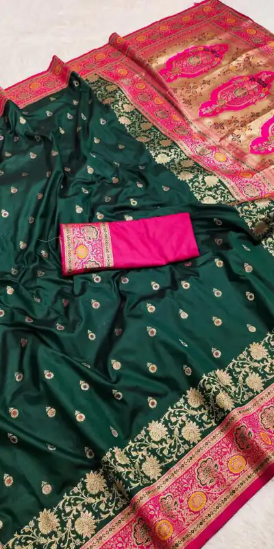 Green Banarasi Silk Gold Zari Border Saree | Sarees, Bollywood Sarees, Creative Sarees, Designer Sarees, Embroidered Sarees, Ethnic Saree, Modern Digital sarees, Party Wear Sarees