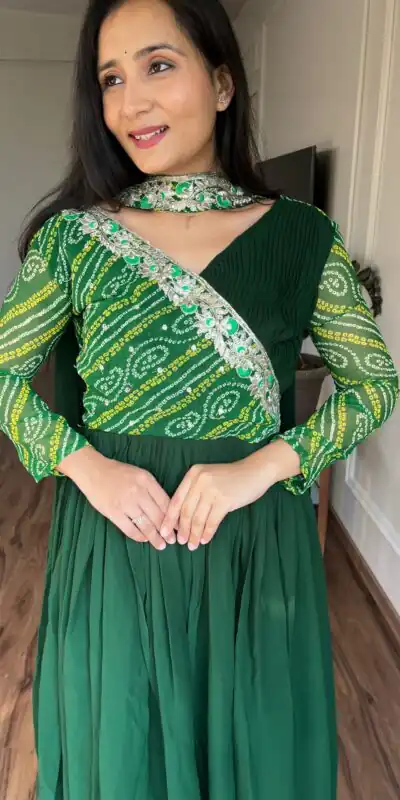 Green Bandhej Fox Georgette Sequence Embroidery Work Anarkali Gown | Gowns, Bollywood Gowns, Creative Gowns, Designer Gowns, Embroidered Gowns, Party Wear Gowns, Straight Suits