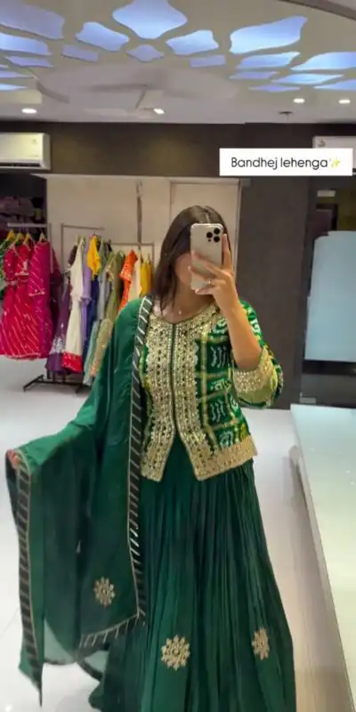 Green Chinon Digital Print Embroidery Work Lehenga Choli | Lehenga, Bollywood Lehenga, Creative Lehenga, Designer Lehenga, Embroidered Lehenga, Party Wear Lehenga