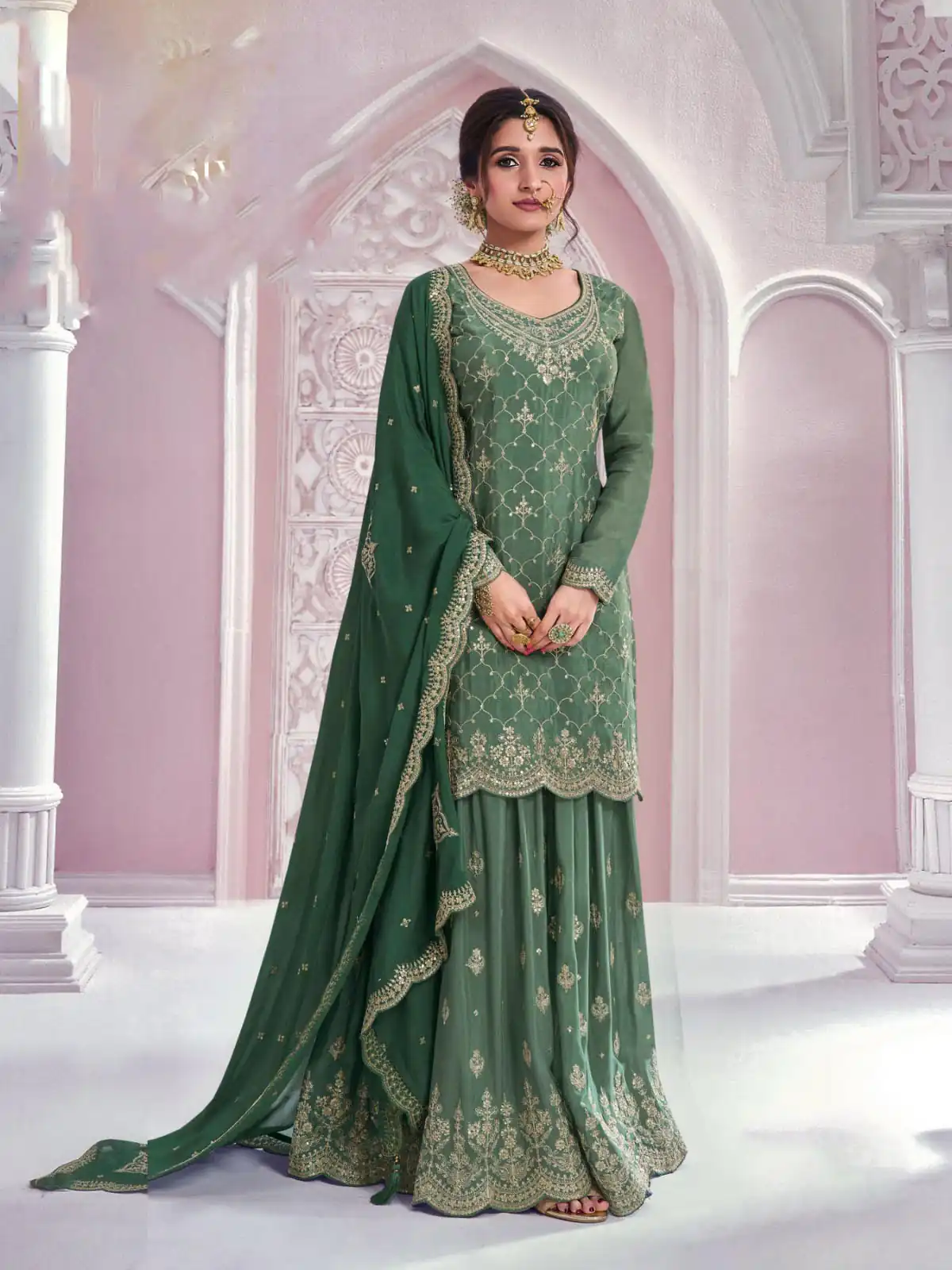 Green Chinon Multi Coding Work Salwar Suit | Jump Suits, Salwar suit, Casual Suits, Creative suits, Designer Suits, Palazzo Suits, Party Wear Suits, Patiala Suits, Straight Suits