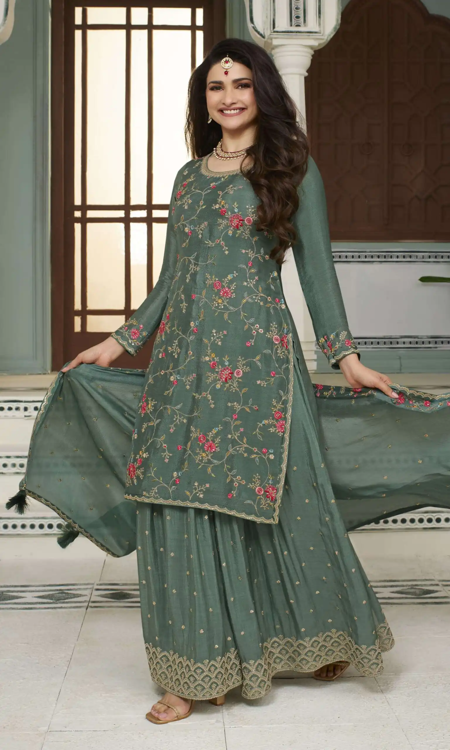 Green Chinon Multi Work Salwar Suit | Jump Suits, Salwar suit, Casual Suits, Creative suits, Designer Suits, Palazzo Suits, Party Wear Suits, Patiala Suits, Straight Suits