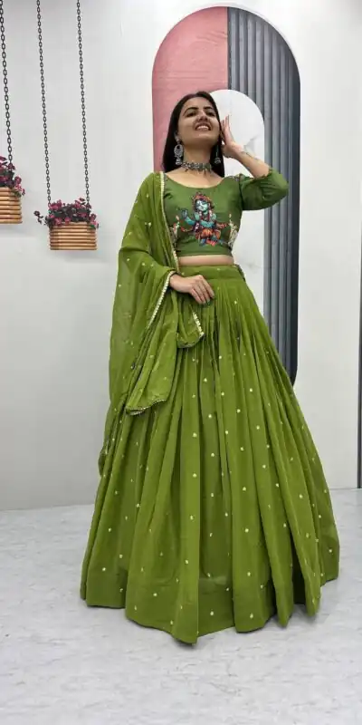 Green Cotton Kalamkari Embroidery Work Lehenga Choli | Lehenga, Bollywood Lehenga, Creative Lehenga, Designer Lehenga, Embroidered Lehenga, Party Wear Lehenga