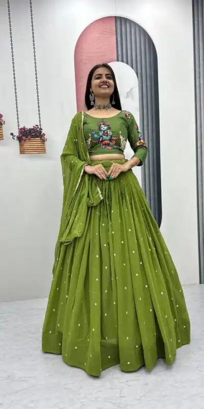 Green Cotton Kalamkari Embroidery Work Lehenga Choli | Lehenga, Bollywood Lehenga, Creative Lehenga, Designer Lehenga, Embroidered Lehenga, Party Wear Lehenga
