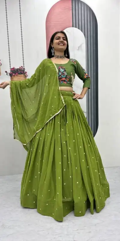 Green Cotton Kalamkari Embroidery Work Lehenga Choli | Lehenga, Bollywood Lehenga, Creative Lehenga, Designer Lehenga, Embroidered Lehenga, Party Wear Lehenga