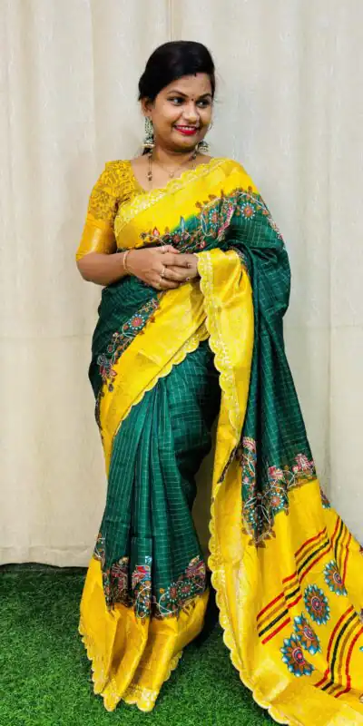 Green Dola Mangalagiri Checks Floral Print Saree | Sarees, Bollywood Sarees, Creative Sarees, Designer Sarees, Embroidered Sarees, Ethnic Saree, Modern Digital sarees, Party Wear Sarees