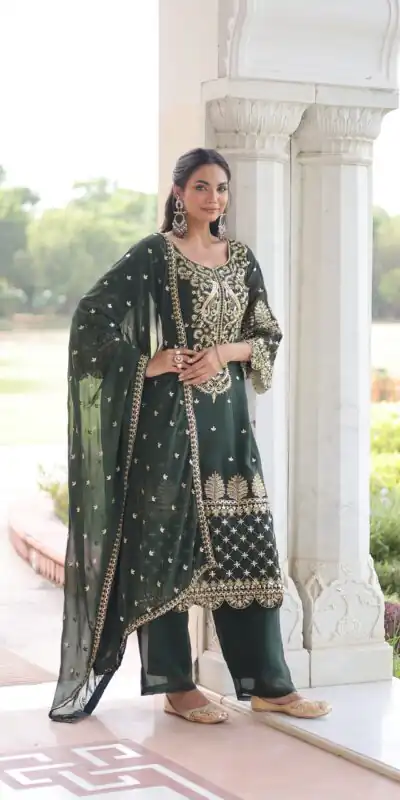 Green Faux Blooming Embroidered Work Salwar Suit | Jump Suits, Salwar suit, Casual Suits, Creative suits, Designer Suits, Palazzo Suits, Party Wear Suits, Patiala Suits, Straight Suits