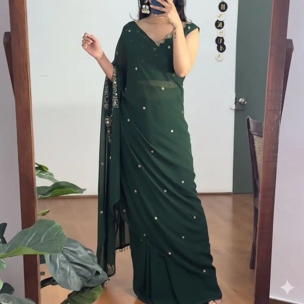 Green Faux Georgette Mirror Embroidery Work Saree | Sarees, Bollywood Sarees, Creative Sarees, Designer Sarees, Embroidered Sarees, Ethnic Saree, Modern Digital sarees, Party Wear Sarees