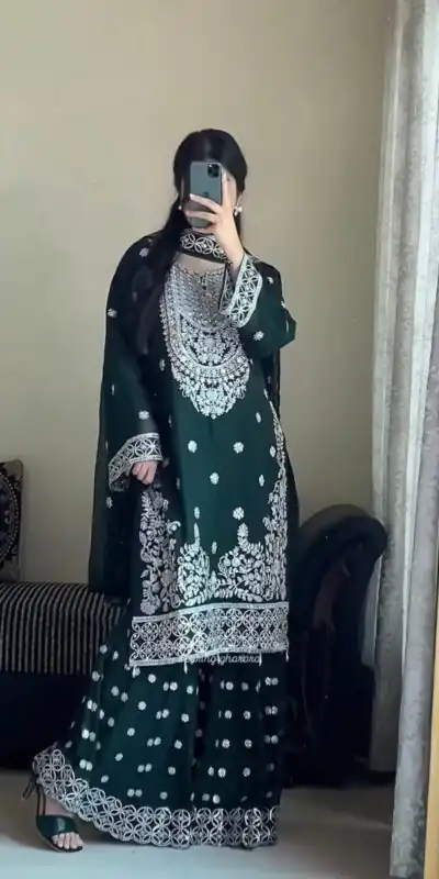 Green Faux Georgette Sequence Work Salwar Suit | Jump Suits, Salwar suit, Casual Suits, Creative suits, Designer Suits, Palazzo Suits, Party Wear Suits, Patiala Suits, Straight Suits