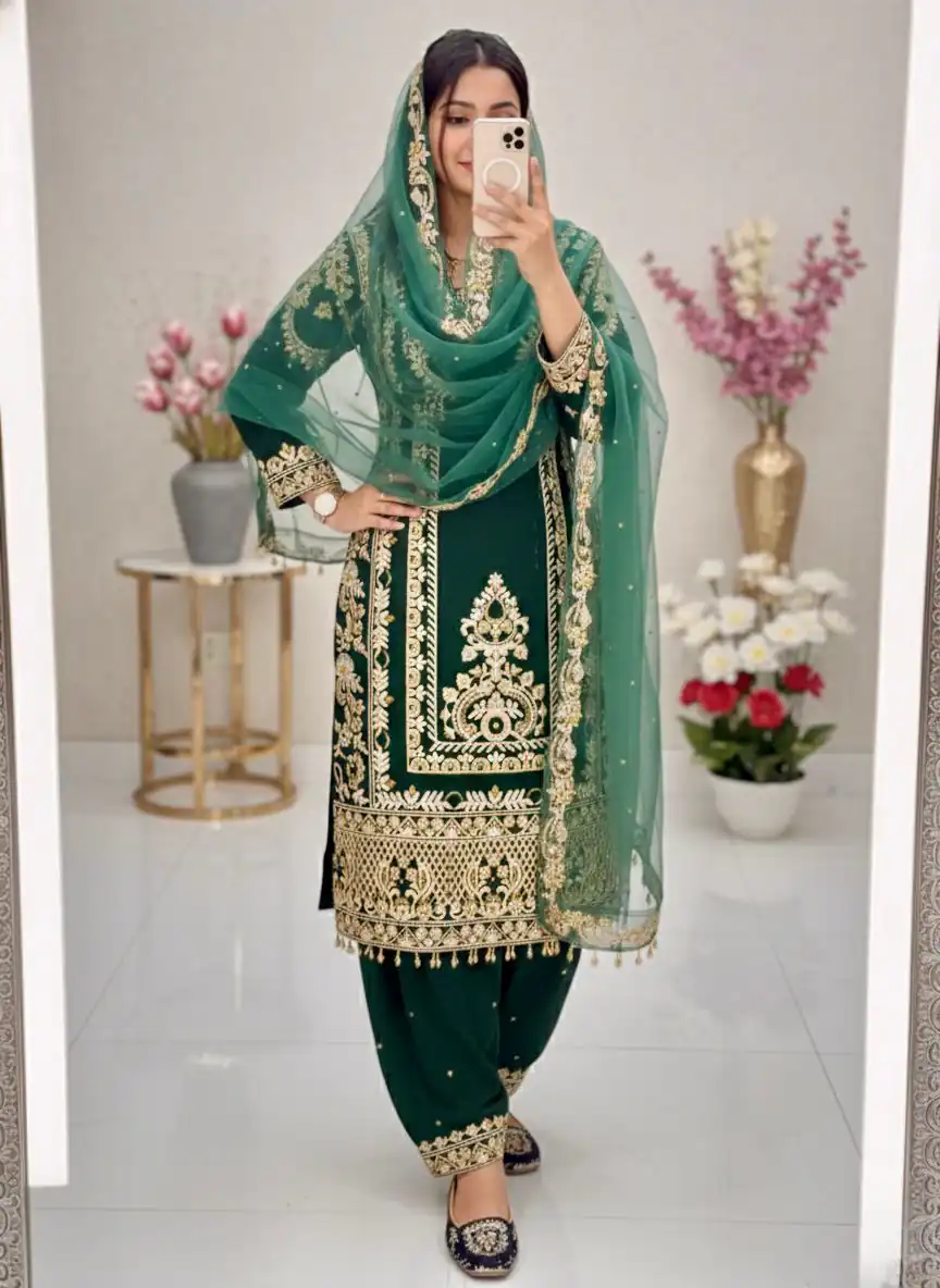 Green Faux Georgette With Embroidery Work Salwar Suit | Jump Suits, Tops & Bottoms, Track Suits, Salwar suit, Casual Suits, Creative suits, Designer Suits, Palazzo Suits, Party Wear Suits, Patiala Suits, Straight Suits, Trendy Wear