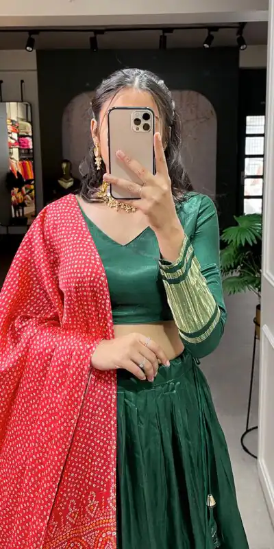 Green Gaji Silk Lagdi patta Lehenga Choli | Lehenga, Bollywood Lehenga, Creative Lehenga, Designer Lehenga, Embroidered Lehenga, Party Wear Lehenga