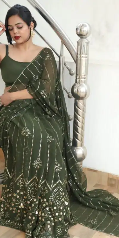 Green Georgette Embroidery Sequence Saree | Sarees, Bollywood Sarees, Creative Sarees, Designer Sarees, Embroidered Sarees, Ethnic Saree, Modern Digital sarees, Party Wear Sarees