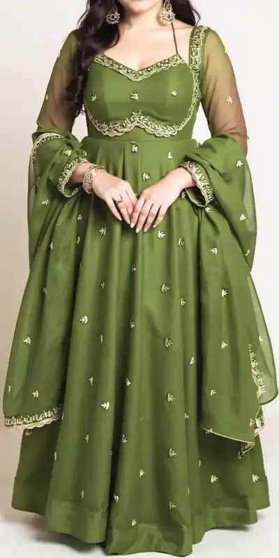 Green Georgette Embroidery Work Gown | Gowns, Bollywood Gowns, Creative Gowns, Designer Gowns, Embroidered Gowns, Party Wear Gowns